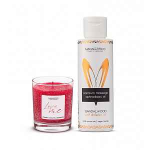 MAGNETIFICO Masážní olej Sandalwood 100 ml + vonná svíčka Love me 125 g