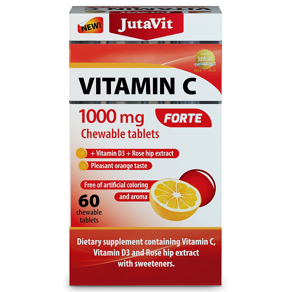 JUTAVIT Vitamín C 1000 mg forte žvýkací tablety + vitamín D3 + extrakt ze šípků 60 tablet