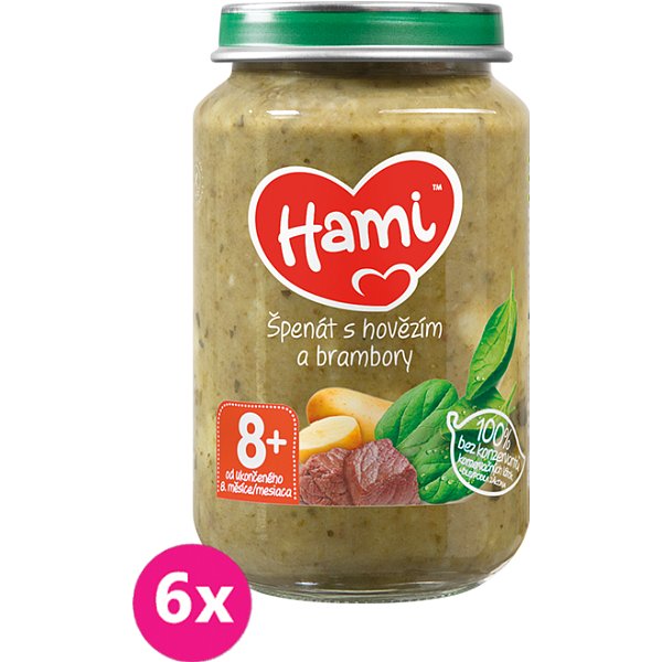 6x HAMI Špenát, brambory a hovězí (200 g) - maso-zeleninový příkrm