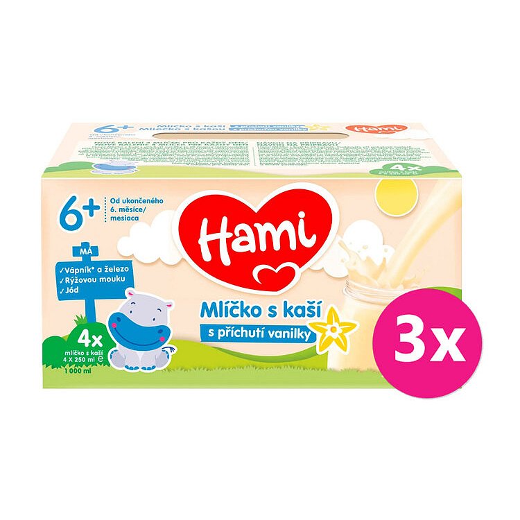 3x HAMI Mlíčko s kaší s příchutí vanilky 4x250 ml