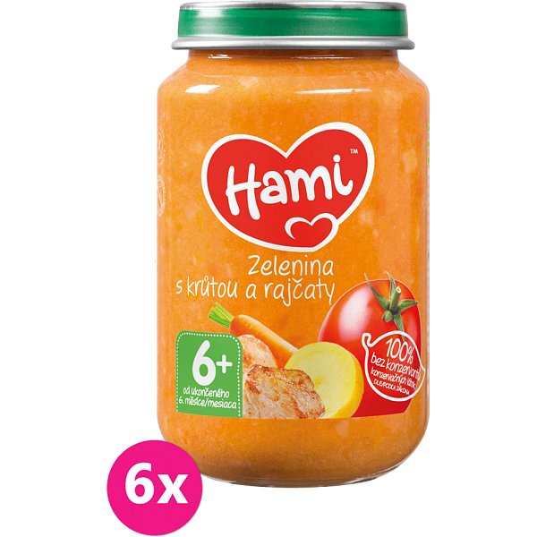 6x HAMI Zelenina s krůtou a rajčaty (200 g) - maso-zeleninový příkrm