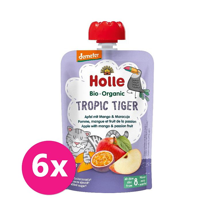 6x HOLLE Tropic Tiger Bio ovocné pyré jablko, mango a maracuja, 100 g (8 m+)