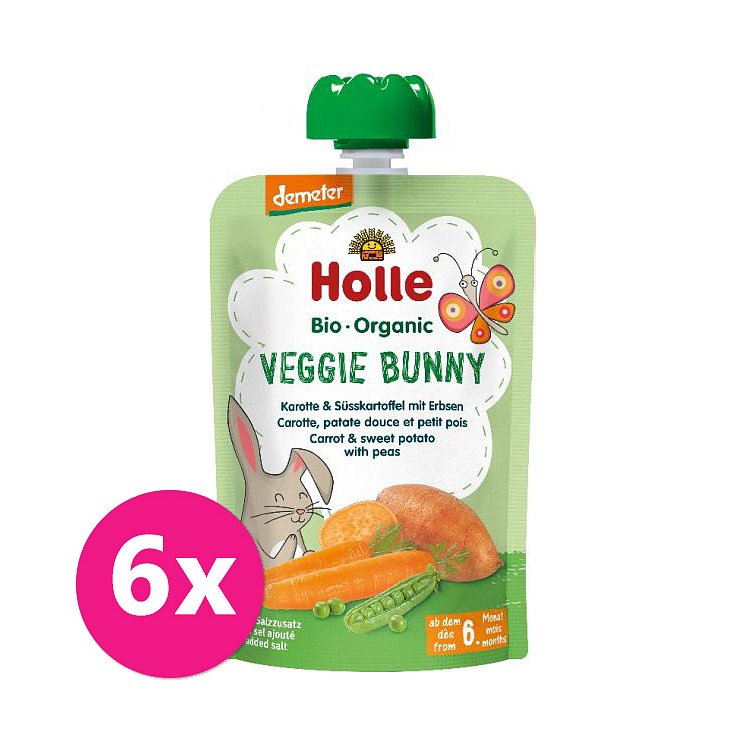 6x HOLLE Veggie Bunny Bio pyré mrkev, batáty a hrášek, 100 g (6 m+)