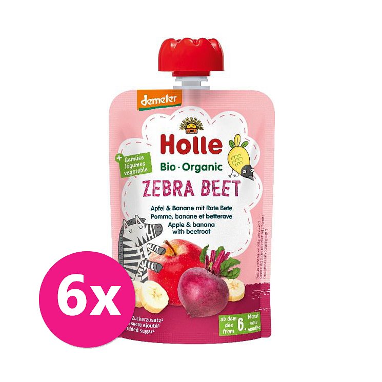 6x HOLLE Zebra Beet Bio ovocné pyré jablko, banán a červená řepa, 100 g (6 m+)