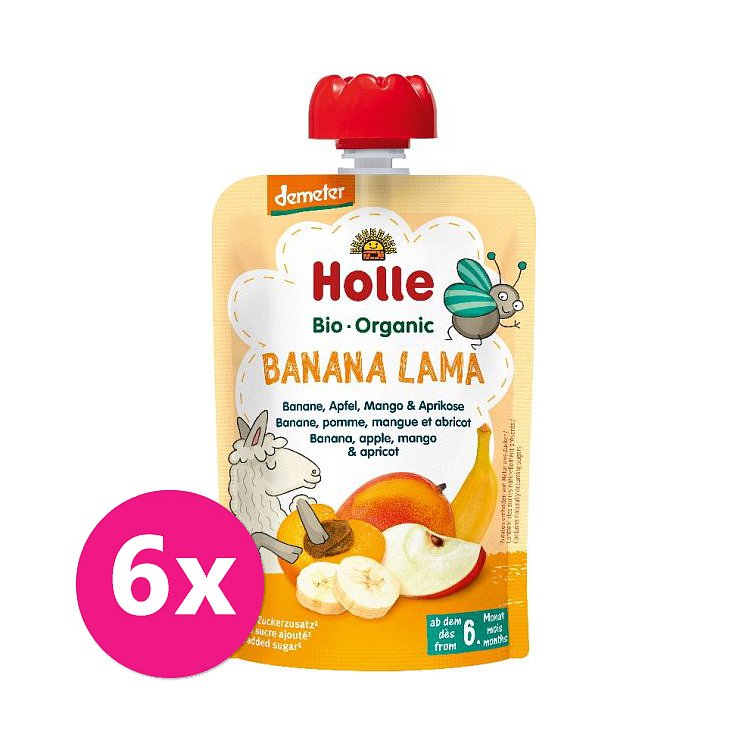 6x HOLLE Banana lama Bio ovocné pyré banán, jablko, mango, meruňka, 100 g (6 m+)